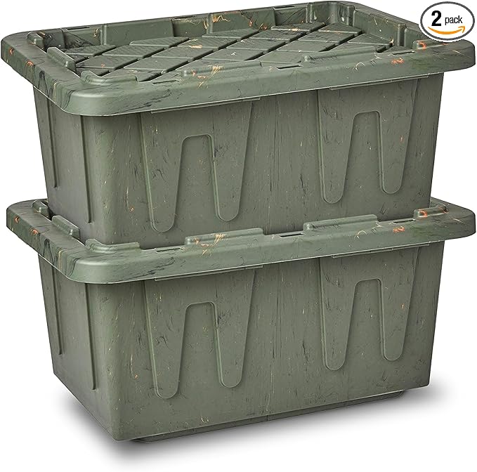 HOMZ 2-Pack Durabilt Tote, Heavy Duty Plastic Storage Bins with Lids, 15 Gallon, Green Camo - Stackable Organizing Containers for Home, Garage, and Office
