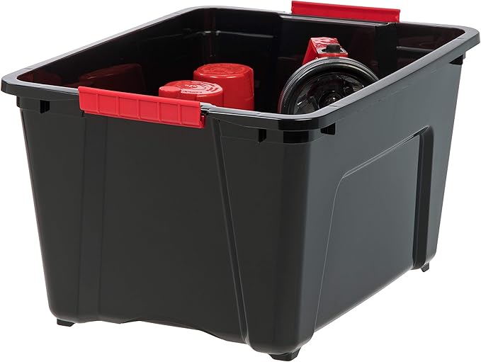 IRIS USA 32 Qt Stackable Plastic Storage Bins with Lids, 6 Pack - BPA-Free, Made in USA - Garage Organizing Solution, Latches, Durable Nestable Containers, Secure Pull Handle - Black