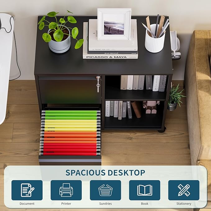 MIIIKO 2 Drawer File Cabinet on Wheels, Metal Filing Cabinets with Shelf, Home Office Mobile File Cabinet with Lock, Printer Stand Storage A4, Letter Size File Folders