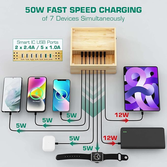 Darfoo Bamboo Charging Station for Multiple Devices - Wood Family Charging Station with 7 USB Ports and 1 Watch-Earbud Stand for Phones, Tablets, Smart Watches & Earbuds