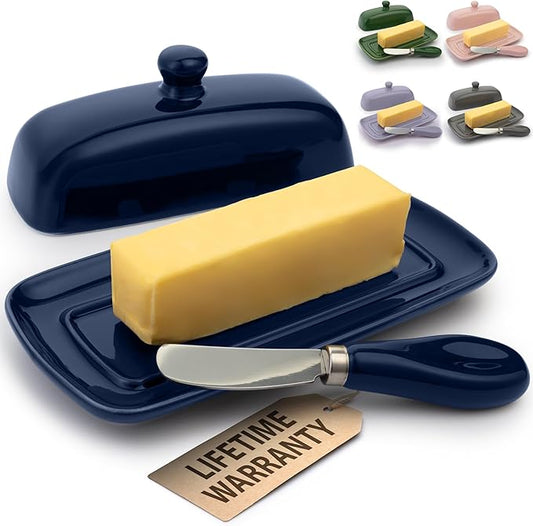 Zulay Butter Dish With Lid For Countertop - Porcelain White, Ceramic Butter Dish with Knob Handle Great for Cooking - Elegant Design Butter Holder - Durable & Sturdy Butter Keeper - Navy