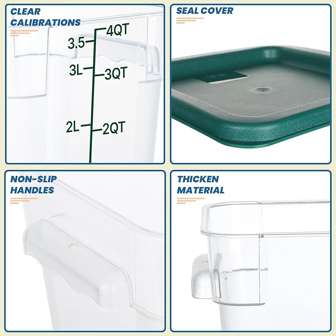 4 Pack Food Storage Containers with Lids, 4 Quart Square Commercial Food Containers, NSF, Polycarbonate, Clear