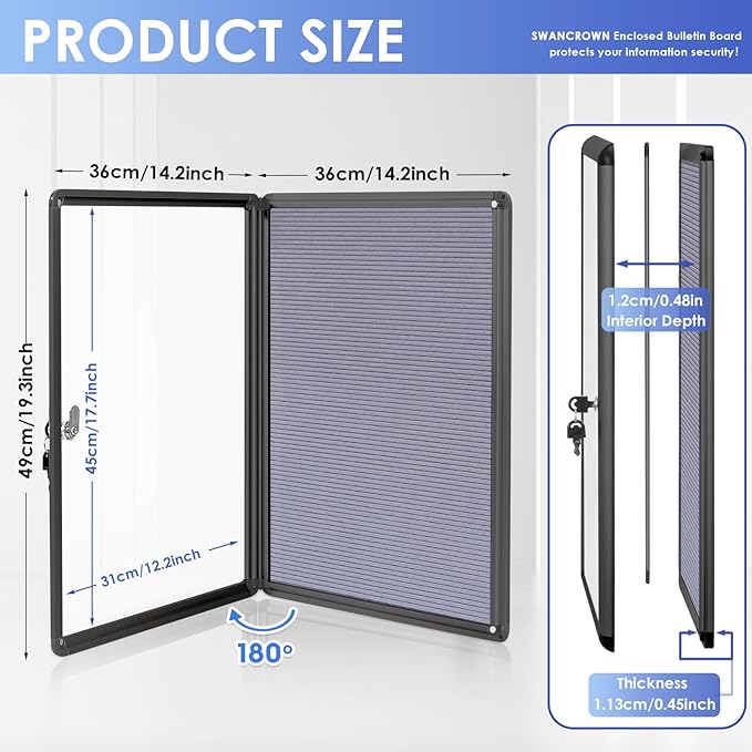 SWANCROWN Enclosed Bulletin Board with Locking Door 20x14 in, Lockable Felt Letter Board Sign Tamperproof Message Board for Office School Home, Black Aluminum Frame, Grey