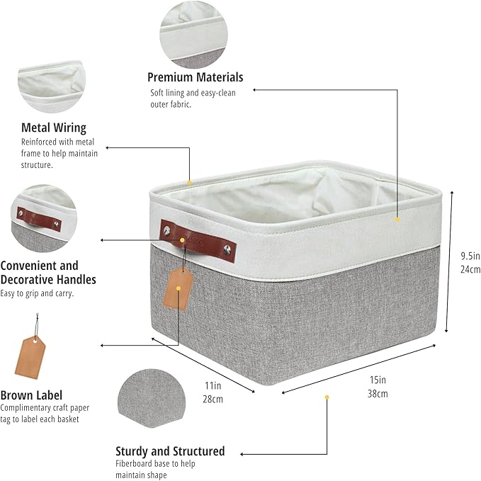 DECOMOMO Storage Baskets for Shelves - Fabric Storage Bins, Linen Closet Organizers and Storage (Grey & White, Large - 3 Pack)