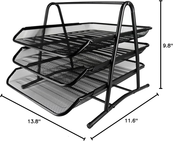 Huron Desktop Horizontal File Binder Organizer Storage Letter Tray, 3 Slot, Black Steel Mesh