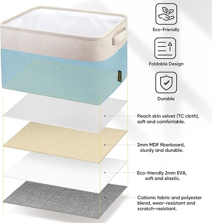 BALEINE 3 Pack Fabric Storage Bins for Shelves, Linen Storage Baskets for Organizing, Decorative Closet Bins for Clothes, Home (Skyblue, 15''x11''x9.5'')