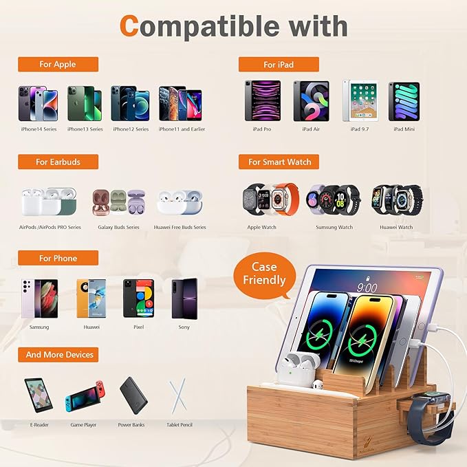 Pezin & Hulin Desktop USB Charging Station with Bamboo Charging Station, Desktop Charger Block, Compatible with Tablet, Cell Phone, Earbuds, Smartwatch