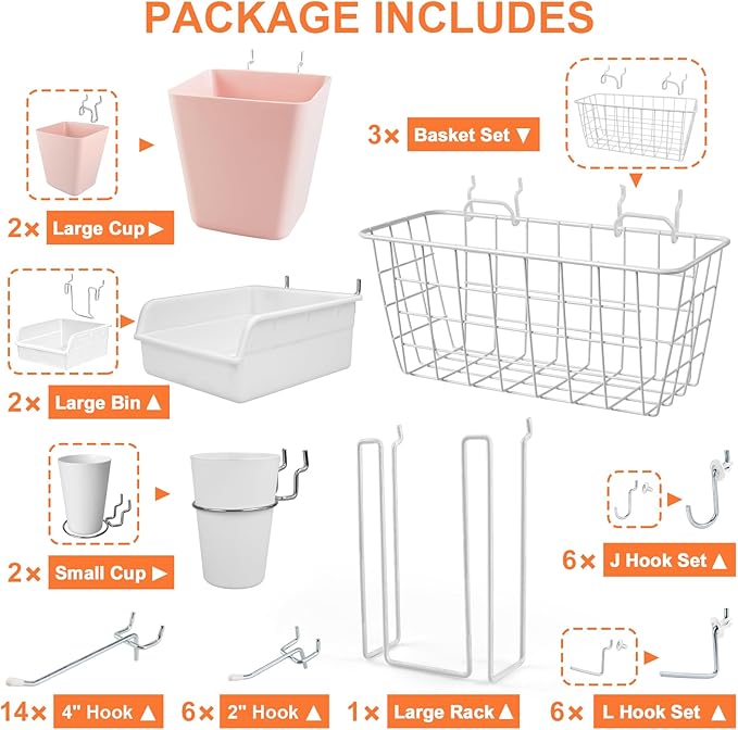 Pegboard Basket Organizers, Peg Board Large Baskets Hooks Bins Cups Tool Organizer 42 Pack Set, Wall Storage Display Hanging Accessories for Craft Office Stadio Shed Garage Organization (White & Pink)