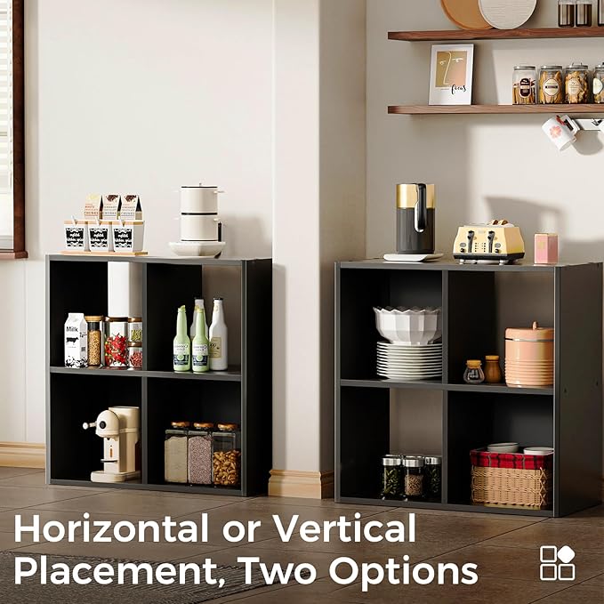 COMHOMA 4 Wood Cube Storage Organizer with Open Back and Removable Back Panels, 11In Black Cube Storage Bookshelf, Cubicle Shelf Bookcase for Home Office Bedroom Living Room, Vertical or Horizontal