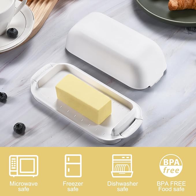 AONCO Butter Dish with Lid, Butter Container Holds for Countertop, Unbreakable Butter Keeper for Home Kitchen Decor, Perfect for East/West Coast Butter, BPA-free, Microwave/Dishwasher Safe (White)