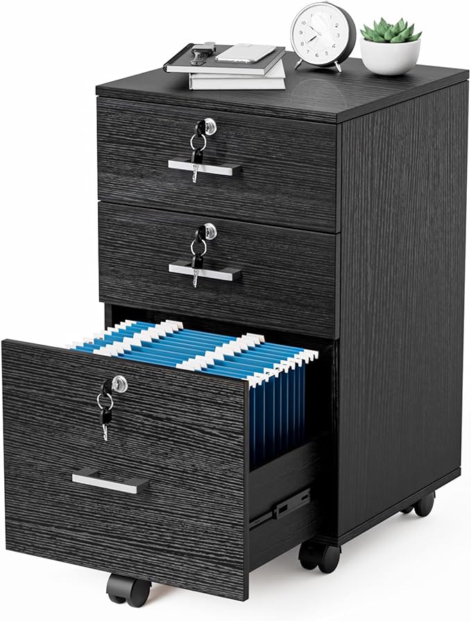 VINGLI 3-Drawer File Cabinet with Lock, Wood Rolling Filing Cabinets for Home Office, Mobile Printer Stand, Under Desk File Organizer for Letter Sized Files, 26" H(Caster Included), Black