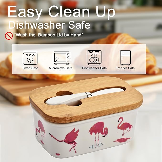 Cute Flamingos Large Butter Dish with Lid for Countertop,Ceramic Covered Butter Holder with Knife for Fridge, Airtight Butter Keeper Container Storage for East West Coast Butter,White