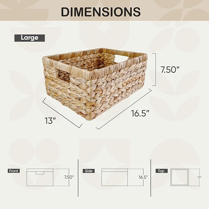 Large Rectangular Handwoven Wicker Basket - Natural Water Hyacinth Storage Baskets with 2 Built-in Handles - Ideal for Towel, Blankets, and Home Organizer & Decor - 16.5"x13"x7.50" - Brown