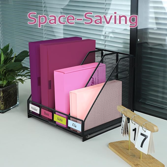 Desk Organizers, Metal Magazine File Holder with 4 Vertical Compartments Rack Binder File Organizer for Office Supplies, Home Workspace - Black