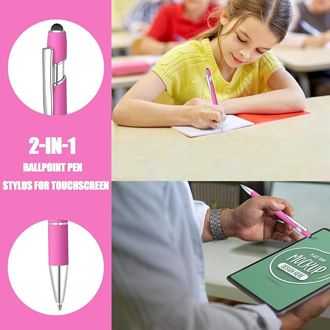 24 Pcs Blue Ink Ballpoint Pen with Stylus Tip 2 in 1 Ballpoint Pen 1.0 mm Blue Ink Metal Stylus Pen for Touch Screens Coworkers, Family, Colleagues, Office (Hot Rose)