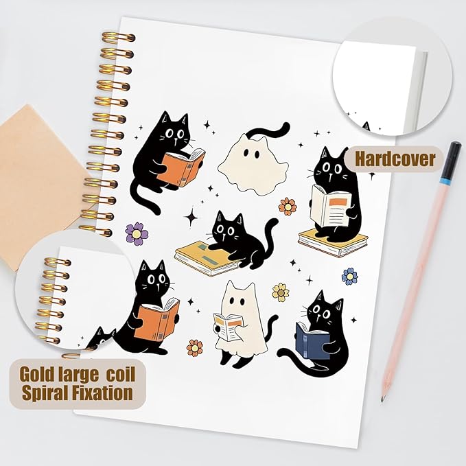WUCHJ Halloween Ghost Black Cat Notebook, Cat Reading Journal for Book Lovers, Spooky Ghost Bookish Spiral Notebook Journal for Note Taking, Book Lover Gifts, Halloween Office Supplies, 5.5x8.3 Inch