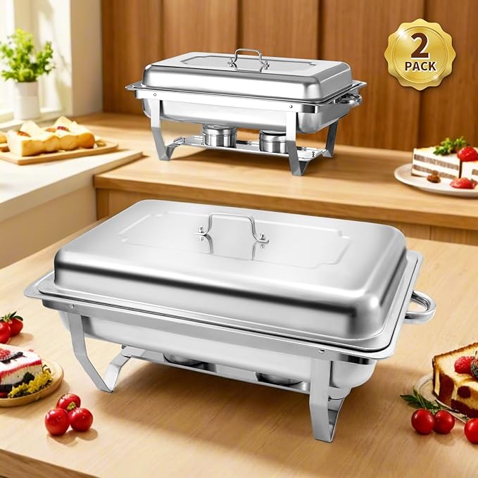 8 Qt 2 Pack Full Size Stainless Steel Chafing Dishes Buffet Set, Silver Rectangular Catering Chafer Warmer Set with Trays Pan Lid Folding Frame Stand for Kitchen Party Banquet Dining