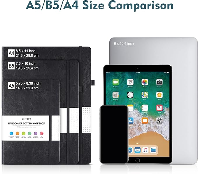 Bullet Dotted Journal Notebook, 312 Numbered Pages A5 Hardcover Leather Journal, 100gsm No Bleed Paper Dot Grid Notebook with Index Pages, Dot Journal for Women Men, 5.75" x 8.38", Grey Blue