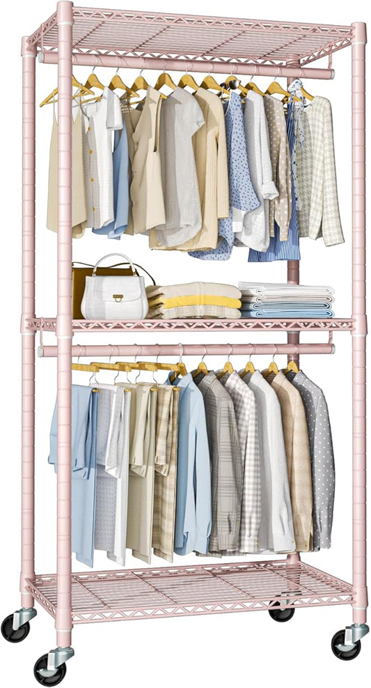 P1 Medium Heavy-Duty Portable Closet, 30" W x 14" D x 76" H, Metal Rolling Clothing Rack, Pink