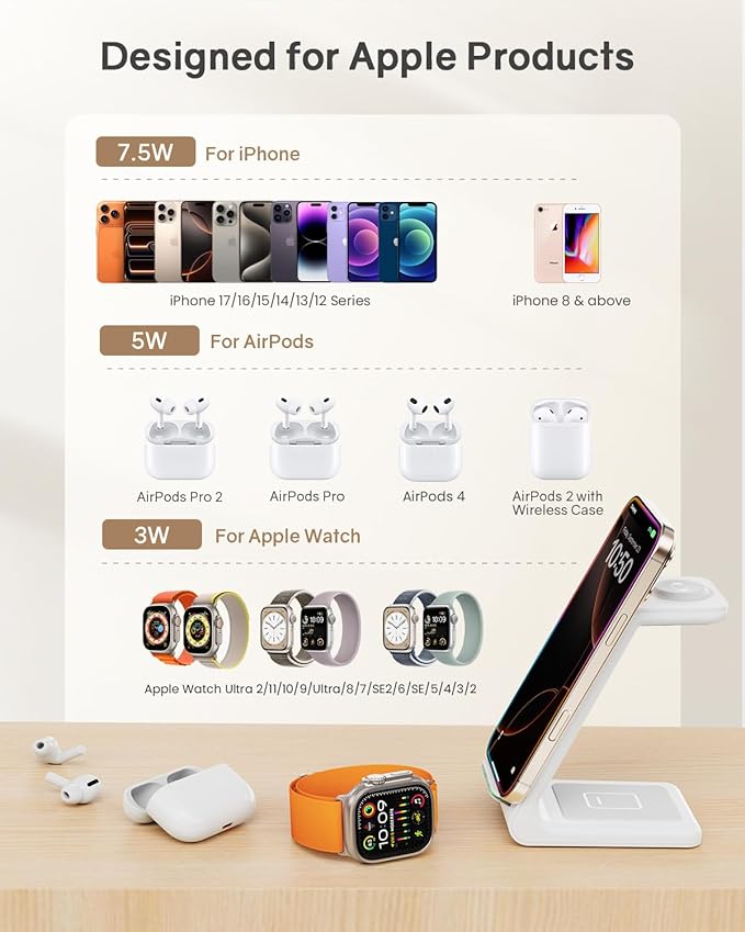 Wireless Charging Station for Apple - 3 in 1 Wireless Charger Stand Dock Watch and Phone Charger Station for Apple Watch 11/8/7/SE/6/5/4/3/2, iPhone 17 16-12 Pro Max SE XS X, Samsung, AirPods Pro/3/2