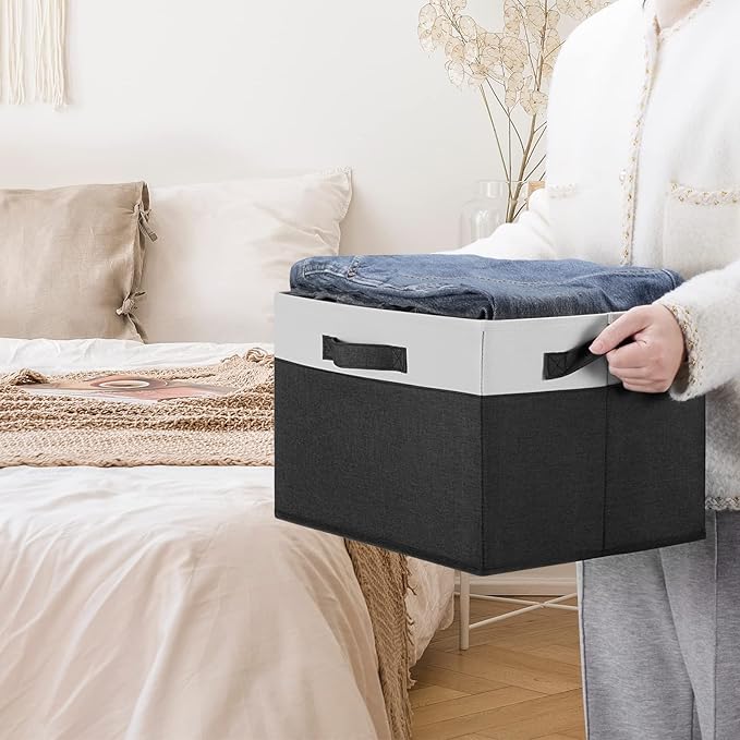 GhvyenntteS Large Storage Baskets for Shelves 6 Pack, Collapsible Fabric Storage Bins with 3 Handles, Decorative Closet Organizers and Storage bins for Clothes Blanket Beddings (Black, 15"x11"x9.6")