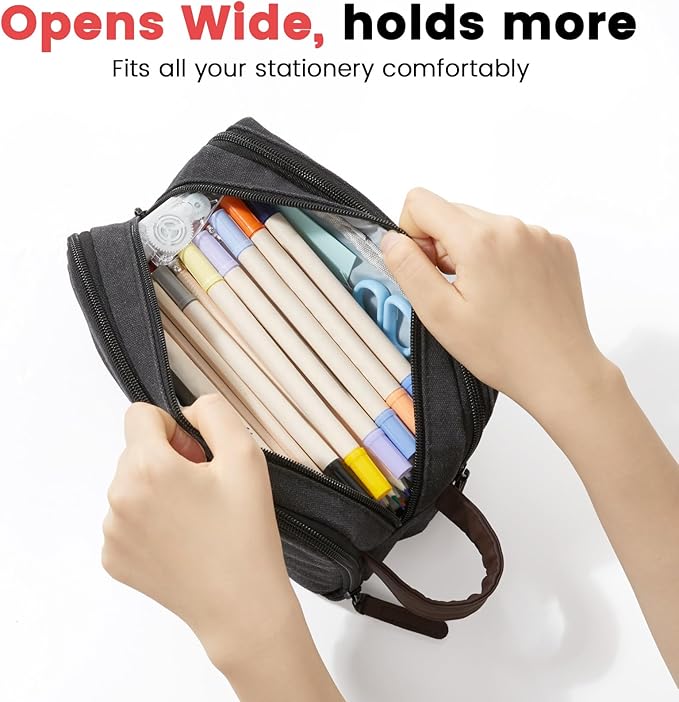 Sooez Large Pencil Case Pouch, Extra Big Pencil Pouch Pencil Bag with PU Handle & Zipper, Sturdy Pen Case with 3 Compartments, Aesthetic School College Supplies Organizer for Men Women Boys, Pink