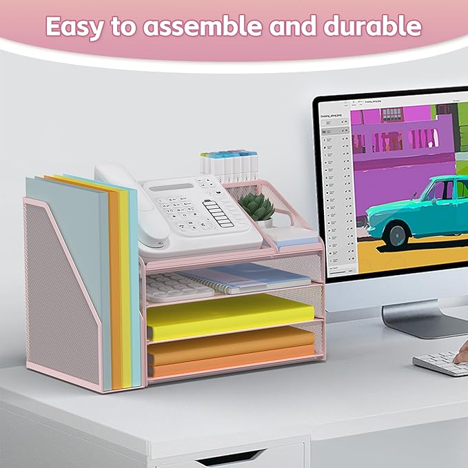 DocNest 4 Tier Paper Letter Tray File Organizer, Mesh Desk File with Handle, Workspace Desk Organizers with Pen Holder, Office Organization Storage Accessories - Pink