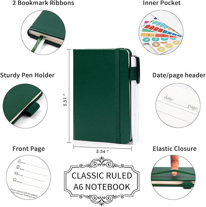 feela 15 Pack Pocket Small Notebooks Bulk, Mini Cute Notepads Hardcover College Ruled Lined Journals with Pen Holder for School Business Memos, with 15 Black Pens, 3.5”x 5.5”, A6, Dark Green
