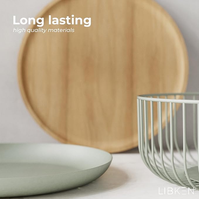 Fruit Basket with Wooden Bamboo Lid- Fruit Bowl For Kitchen Counter - Countertop Bin for Produce Fruits, Potato and Veggie - Metal Wire Baskets For Organizing - 11.4"x11.4"x4.5" - Green