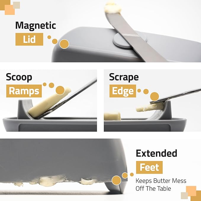Butter Hub Butter Dish with Lid and Knife, Magnetic Butter Keeper, Easy Scoop, No Mess Lid, Plastic, Dishwasher Safe (Grey)