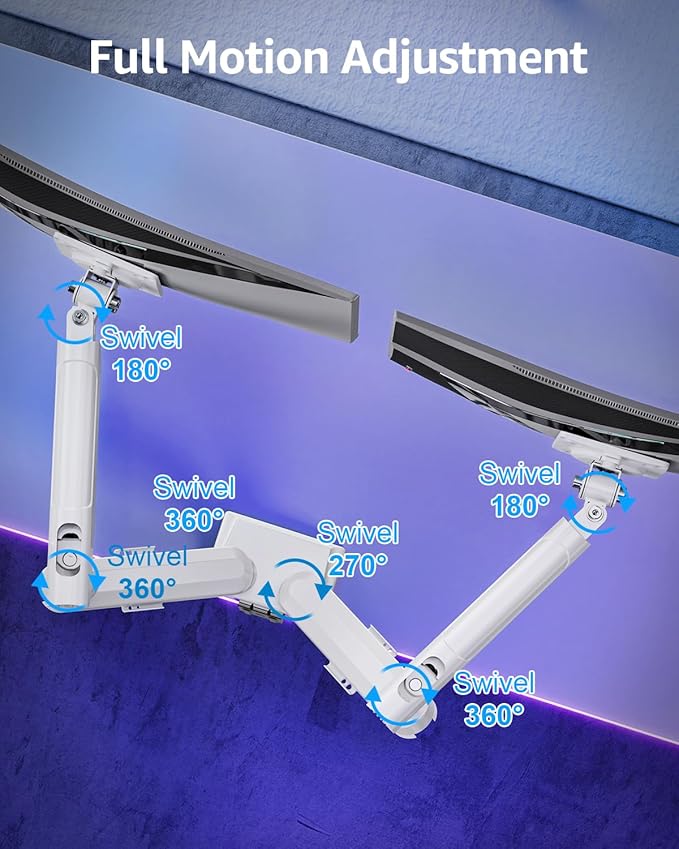 Dual Monitor Mount for 32 27 24 22inch Screens, Gas Spring Monitor Stand for 2 Monitor, Full Adjustable Monitors Desk Mount with C-Clamp＆Grommet Base, Each Arm Holds 4.4-22 lbs, Freelift Pro White