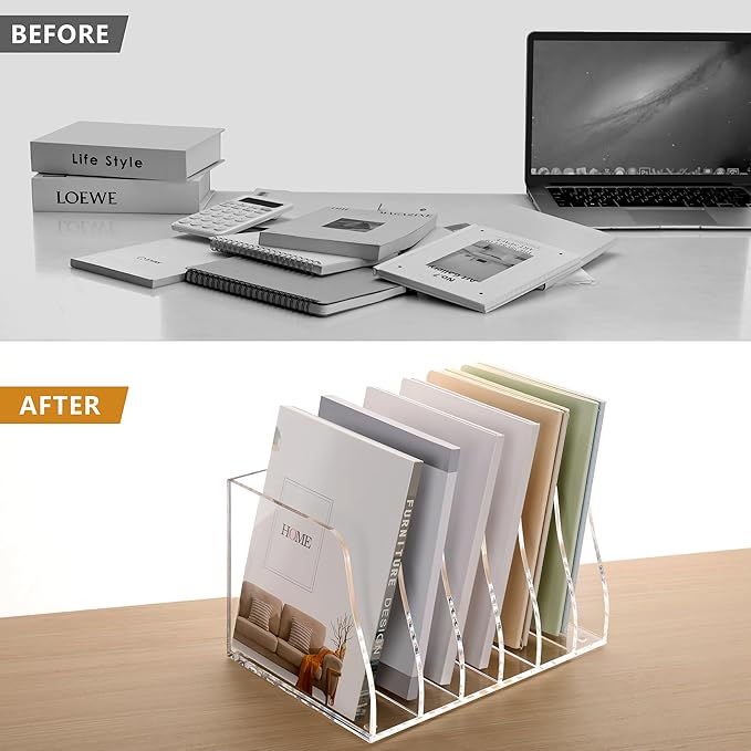 SANRUI Acrylic File Organizer, Compact Desk Organizer for Folders, Binders, Notebooks, Envelopes, Vertical Binder Storage Organizer, 6 Section Bookshelf for School Home Office Organization
