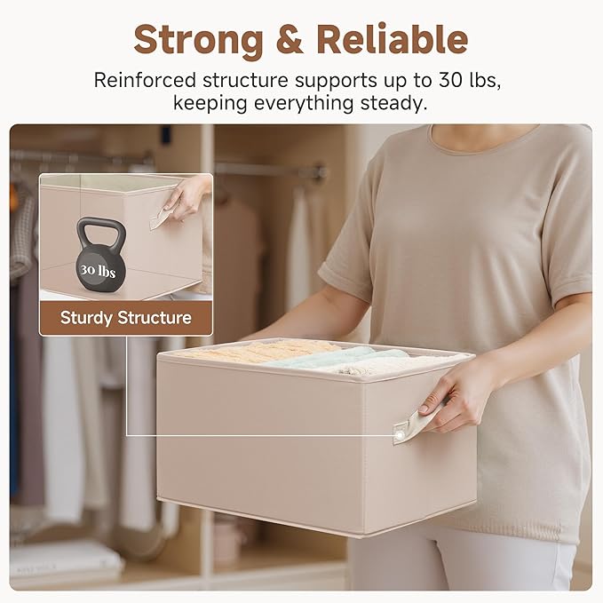 StorageWorks Storage Baskets for Shelves, Foldable Fabric Closet Storage Bins with Handles, Fabric Storage Bins Clothes Organizer, Light Brown, 3-Pack, Large