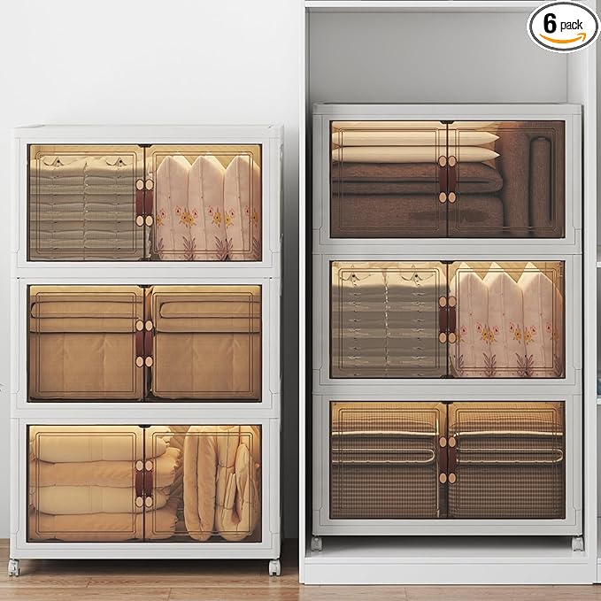 960Qt Stackable Storage Bins with Lids, 6 Pack Large Collapsible Bins with Wheels, Plastic Cabinet with Doors, Foldable Closet Organizers and Storage for Home, Dorm, Office, White