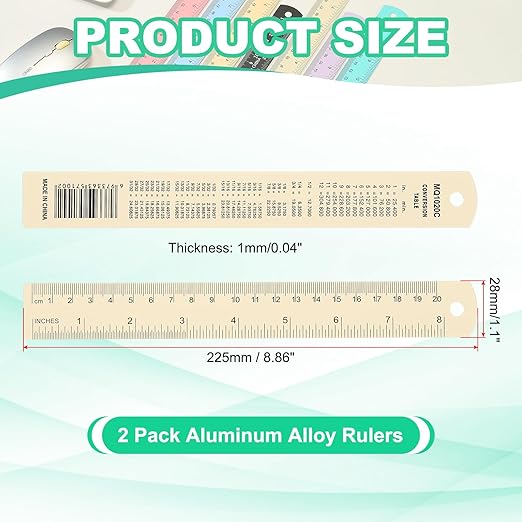 PATIKIL 20cm/8" Metal Ruler, 2 Pack Aluminum Alloy Rulers with Centimeters, Millimeters, Inches and Conversion Table Straight Edge Ruler for Writing Machinist Drafting, Yellow