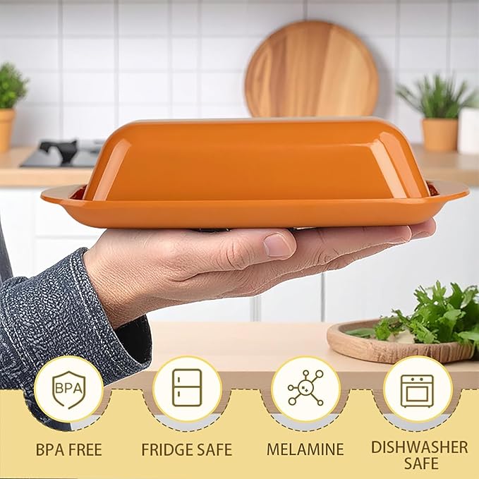 Butter Dish with Lid and Knife, Durable Countertop & Fridge Butter Keeper, BPA-Free Melamine Butter Container, Dishwasher Safe, Fits East/West Coast Butter Sticks (Pumpkin Orange)