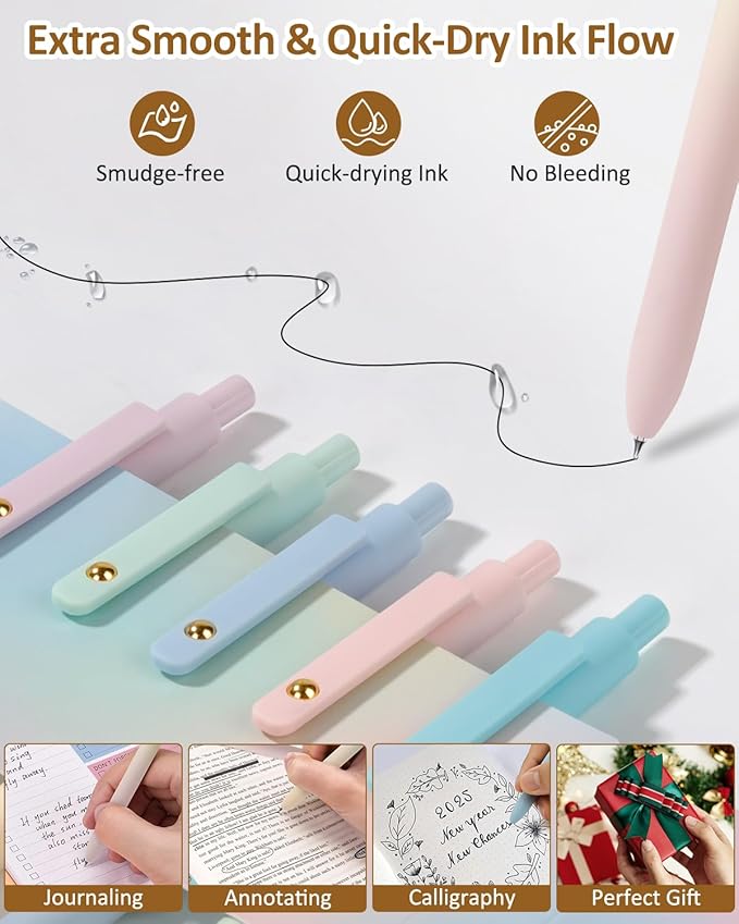 FIOVER Gel Pens, 6 Pcs 0.7mm Comfort Grip Quick Dry Black Ink Pens Fine Point Smooth Writing Pens, Cute Office Back to School Supplies Gifts for Women (6PCS Gradient Black Ink)