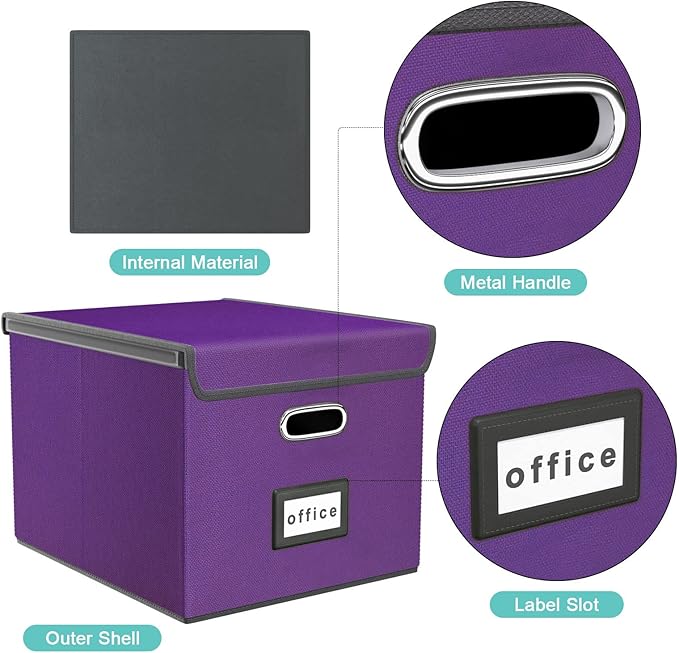 Huolewa File Organizer Box with Lid, Collapsible File Folder Organizer for Office Document Storage, Filing Box with Plastic Slide for Letter/Legal Size Hanging Files, Purple