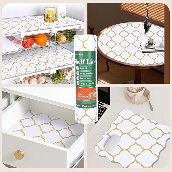 Shelf Liners for Kitchen Cabinets 23in x 20FT Non Adhesive Drawer Liner Gold Quatrefoil Thickened Shelf Liner Paper Strong Non-Slip Easy to Clean for Tool Box Refrigerator with Knife and Tape Measure