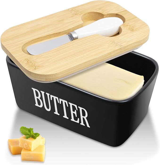 HOOMIL Ceramic Butter Dish with Lid - 650ml Large Capacity Airtight Butter Keeper Container Includes Butter Knife, Durable Stoneware Countertop Storage - Black