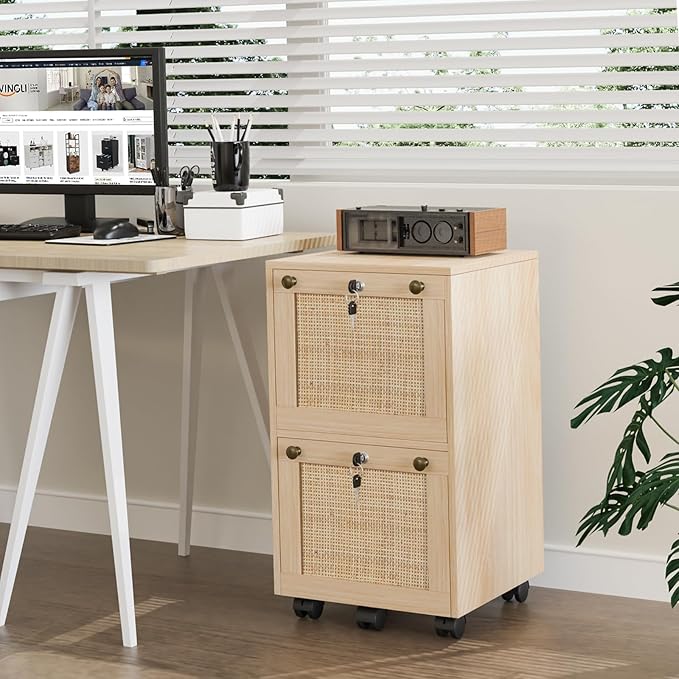 VINGLI 2 Drawer File Cabinet with Lock, Rolling File Cabinets for Home Office, Small Printer Stand, Wood Rattan Oak File Organizer, Under Desk Filing Cabinet on Wheels for Folders with Tabs