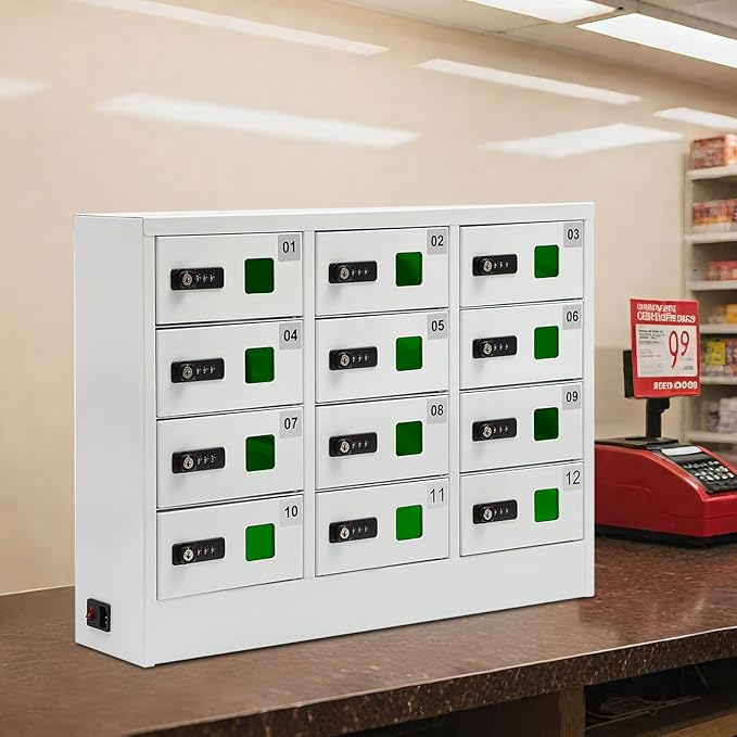 12 Slot Cellphone Charging Station Cell Phone Locker with Combination Lock, Cellphone Storage Cabinet with 3 in 1 QC3.0 Fast Charging Ports for Most Phones Tablets, for Office Classroom