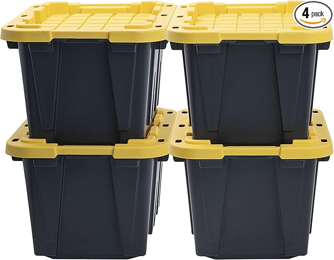 CX BLACK & YELLOW, 12-Gallon Heavy Duty Tough Storage Container & Snap-Tight Lid, (12.51H x 16.3W x 21.8D), Weather-Resistant Design and Stackable Organization Tote [4 Pack]