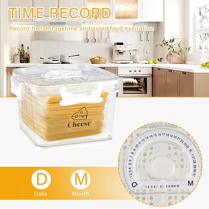 Cheese Container for Refrigerator,Cheese Keeper with Airtight Lid and Time Recording,Cream Block Shredded Cheeses Storage Box,Sliced,Grated,Cheddar Cheeses Box For Fridge,kitchen Organizer