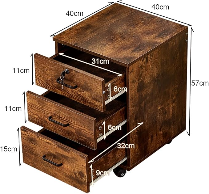 TUKAILAi Mobile File Cabinet with 3 Drawers, Lockable Storage Unit Wooden Rolling Office Filing Cabinet with Wheels, for Legal/Letter/A4 Sized Documents Home Office (Rustic Brown 2PCS)