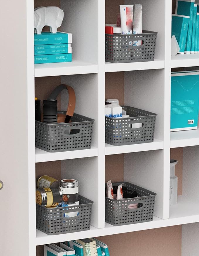 WYT 12-Pack Plastic Small Shelf Storage Weave Baskets for Organizing, Grey