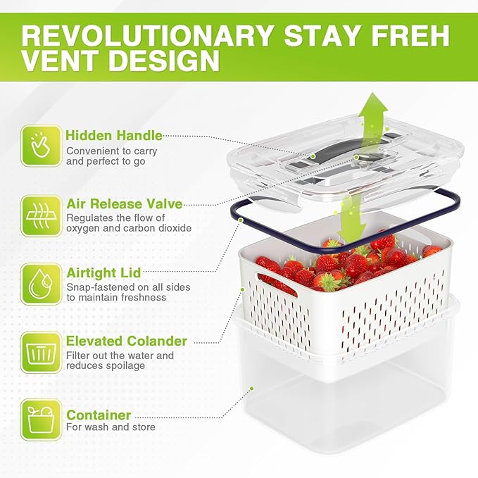 LUXEAR Larger 5PCS Fruit Storage Containers For Fridge, Produce Vegetable Saver Container with Lid Colander Vent Handle, BPA-Free Refrigerator Microwave Dishwasher Safe, Keep Fruits Veggie Food Fresh