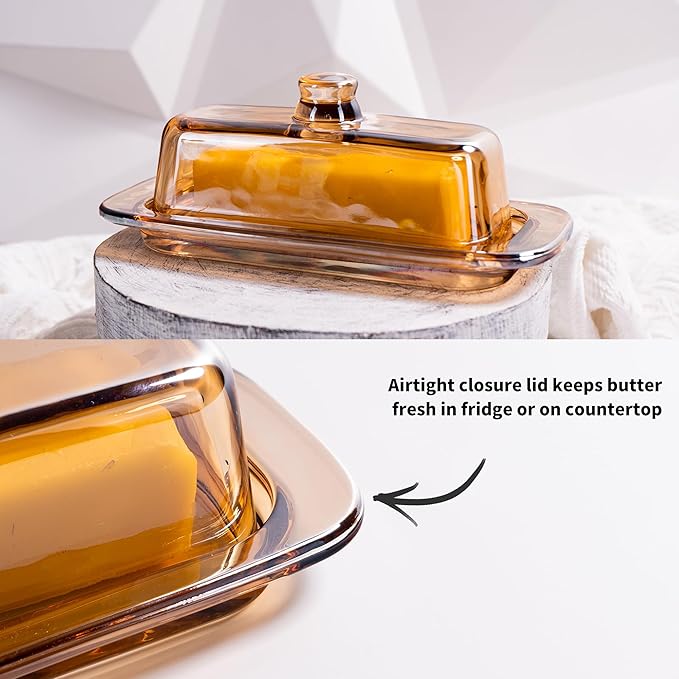 Butter Dish with Lid for Countertop, Elegant Champagne-Colored Covered Glass Butter Holder Tray Container