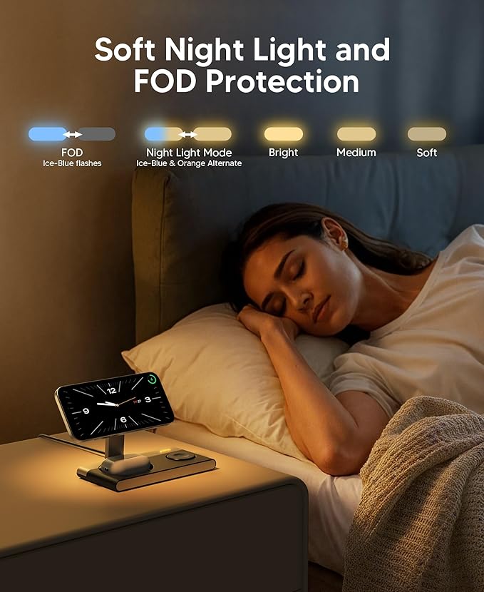 Foldable 3 in 1 Magnetic Wireless Charging Station for Apple Devices, Leather-Like Fast Wireless Charger Dock with Night Light for Magsafe iPhone 17/16/15/14/13/12 Series, Apple Watch, AirPod