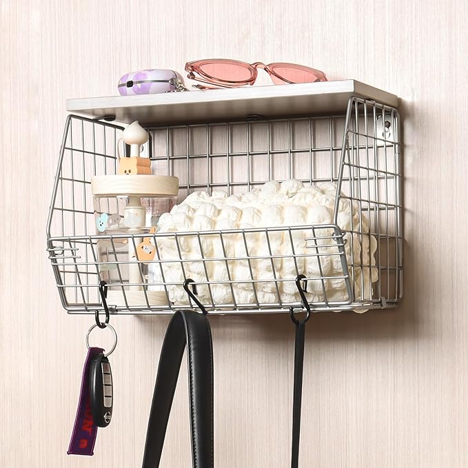 2pcs Silver Fruit Basket, Stackable Wall Mounted Pantry Organizers and Storage Basket with Wood Lid Top - Kitchen Hanging Wire Basket for Storage Bread, Cans, Snack, Fruit, Vegetable